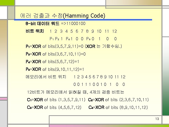 에러 검출과 수정(Hamming Code) 8 -bit 데이터 워드 =>11000100 비트 위치 1 2 3