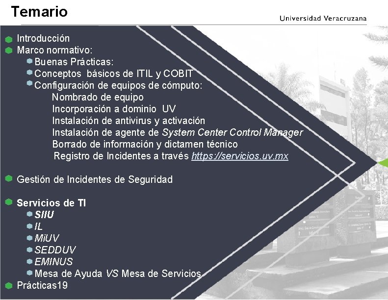 Temario Introducción Marco normativo: Buenas Prácticas: Conceptos básicos de ITIL y COBIT Configuración de Temario Introducción Marco normativo: Buenas Prácticas: Conceptos básicos de ITIL y COBIT Configuración de