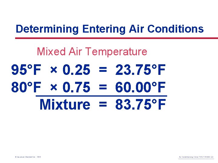 Determining Entering Air Conditions Mixed Air Temperature 95°F × 0. 25 = 23. 75°F