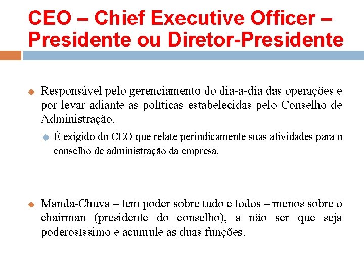 CEO – Chief Executive Officer – Presidente ou Diretor-Presidente u Responsável pelo gerenciamento do