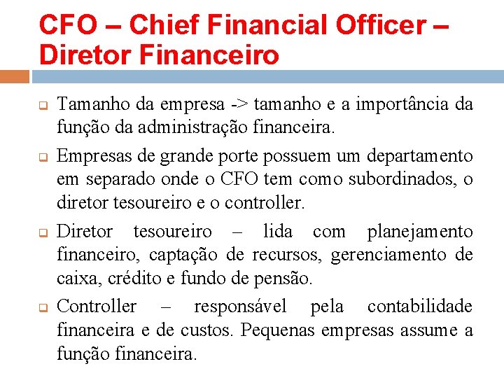 CFO – Chief Financial Officer – Diretor Financeiro q q Tamanho da empresa ->