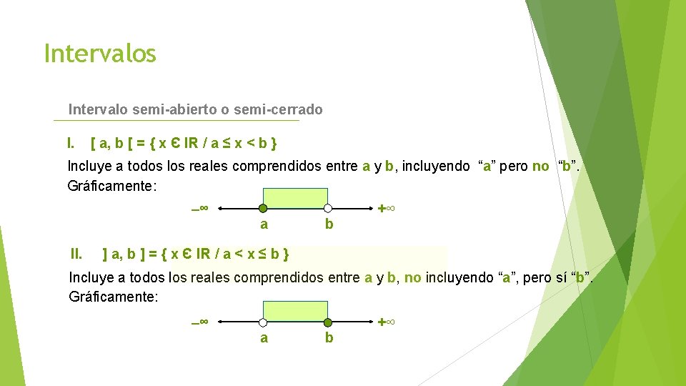 Intervalos Intervalo semi-abierto o semi-cerrado I. [ a, b [ = { x Є