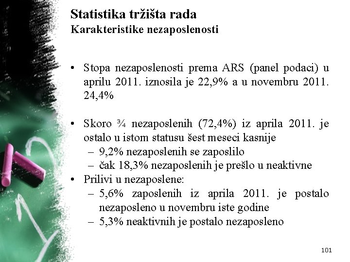 Statistika tržišta rada Karakteristike nezaposlenosti • Stopa nezaposlenosti prema ARS (panel podaci) u aprilu