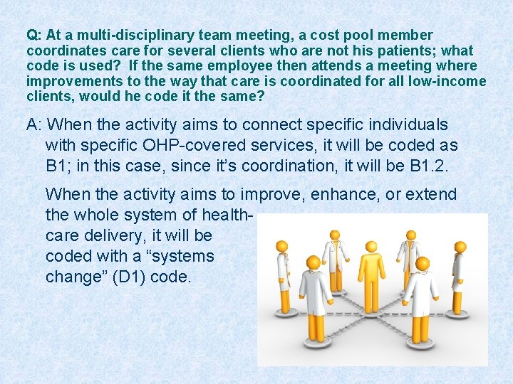 Q: At a multi-disciplinary team meeting, a cost pool member coordinates care for several