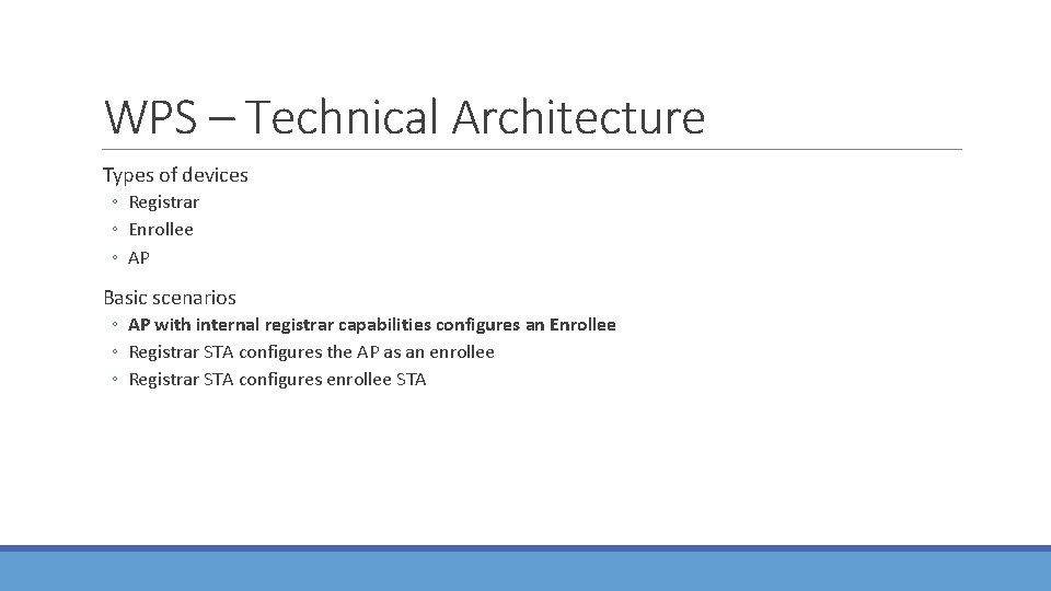 WPS – Technical Architecture Types of devices ◦ Registrar ◦ Enrollee ◦ AP Basic