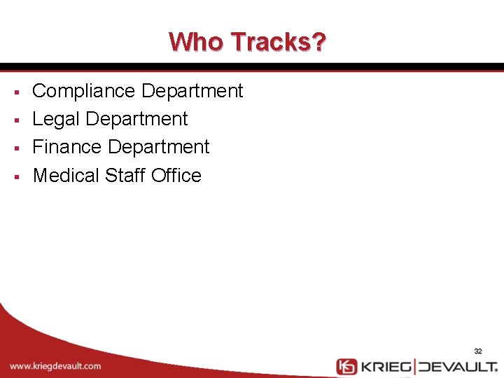 Who Tracks? § § Compliance Department Legal Department Finance Department Medical Staff Office 32