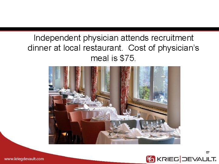 Independent physician attends recruitment dinner at local restaurant. Cost of physician’s meal is $75.