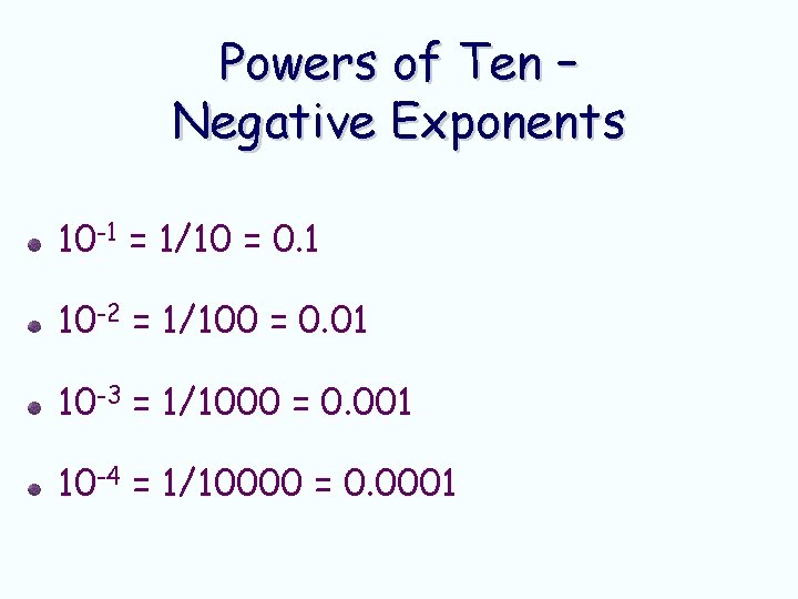 Powers of Ten – Negative Exponents 10 -1 = 1/10 = 0. 1 10 Powers of Ten – Negative Exponents 10 -1 = 1/10 = 0. 1 10
