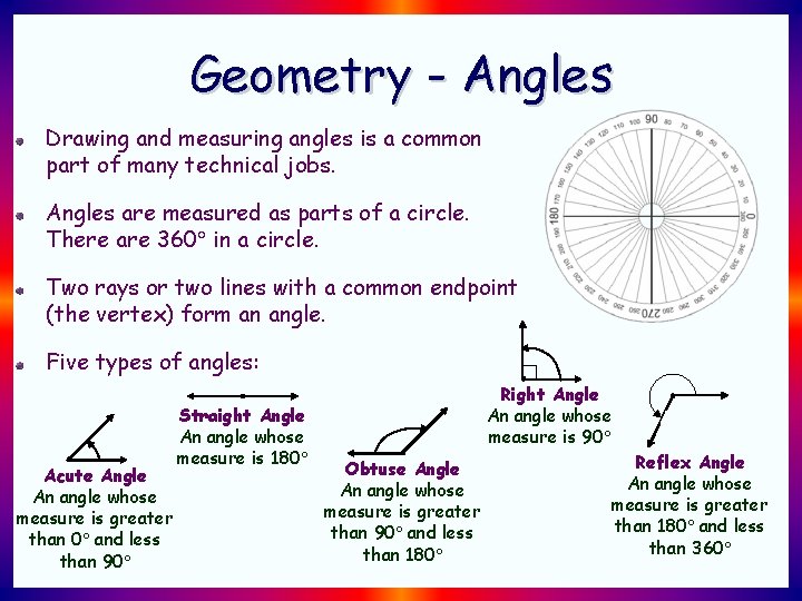Geometry - Angles Drawing and measuring angles is a common part of many technical Geometry - Angles Drawing and measuring angles is a common part of many technical