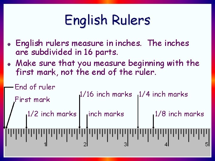 English Rulers English rulers measure in inches. The inches are subdivided in 16 parts. English Rulers English rulers measure in inches. The inches are subdivided in 16 parts.