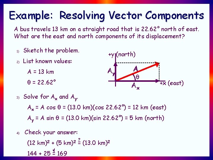 Example: Resolving Vector Components A bus travels 13 km on a straight road that Example: Resolving Vector Components A bus travels 13 km on a straight road that