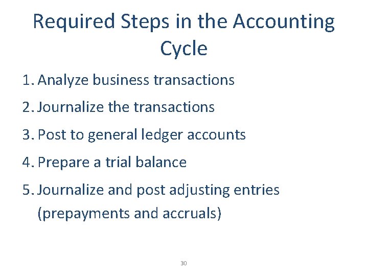 Required Steps in the Accounting Cycle 1. Analyze business transactions 2. Journalize the transactions