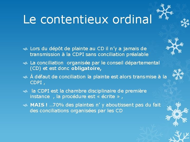 Le contentieux ordinal Lors du dépôt de plainte au CD il n’y a jamais