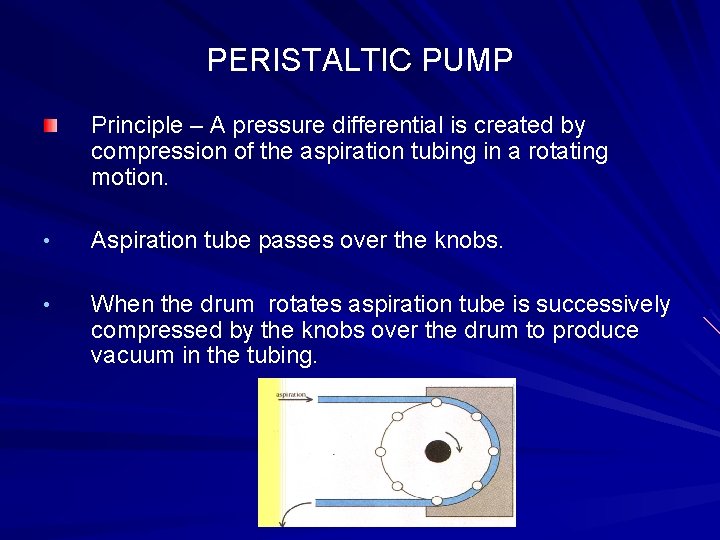 PERISTALTIC PUMP Principle – A pressure differential is created by compression of the aspiration