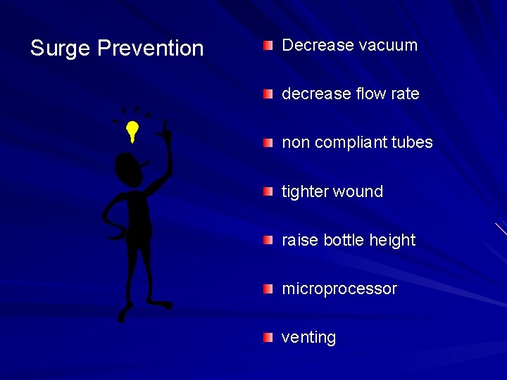 Surge Prevention Decrease vacuum decrease flow rate non compliant tubes tighter wound raise bottle