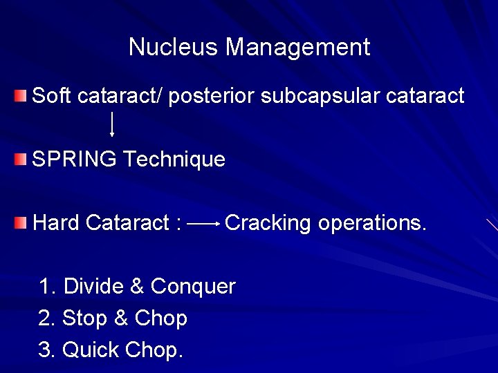 Nucleus Management Soft cataract/ posterior subcapsular cataract SPRING Technique Hard Cataract : Cracking operations.