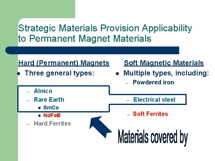 Strategic Materials Provision Applicability to Permanent Magnet Materials Hard (Permanent) Magnets l Three general
