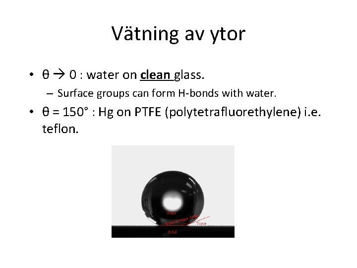 Vätning av ytor • θ 0 : water on clean glass. – Surface groups