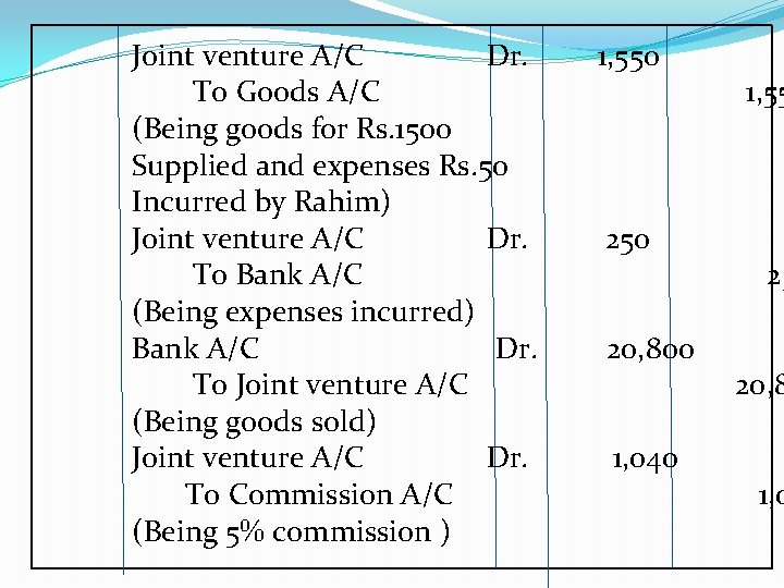 Joint venture A/C Dr. To Goods A/C (Being goods for Rs. 1500 Supplied and