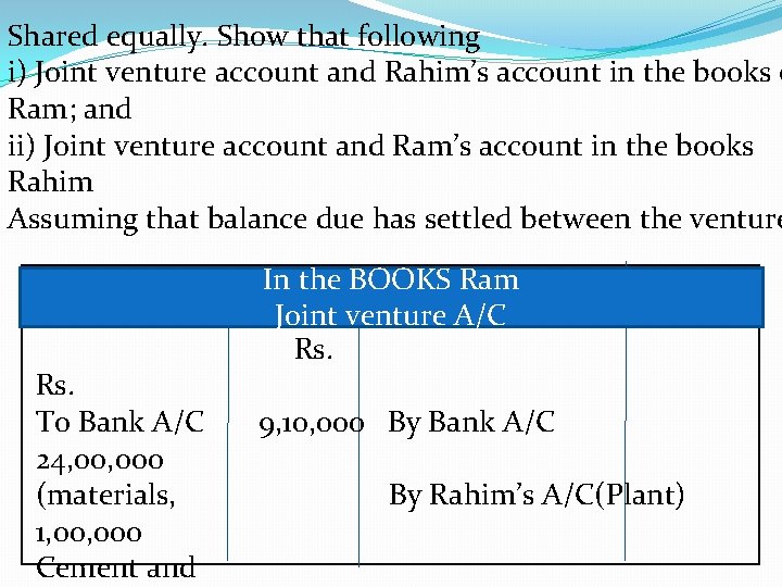 Shared equally. Show that following i) Joint venture account and Rahim’s account in the