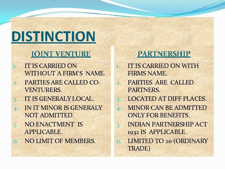 DISTINCTION JOINT VENTURE 1. 2. 3. 4. 5. 6. IT IS CARRIED ON WITHOUT