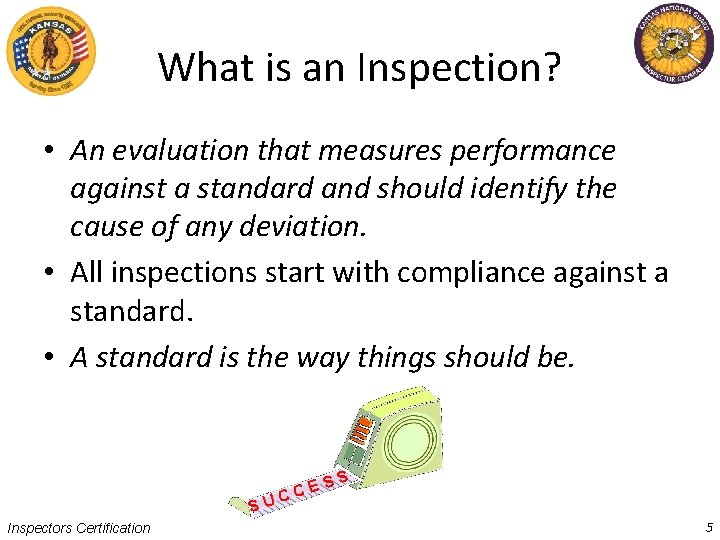 What is an Inspection? • An evaluation that measures performance against a standard and