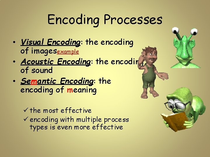 Encoding Processes • Visual Encoding: the encoding of imagesexample • Acoustic Encoding: the encoding