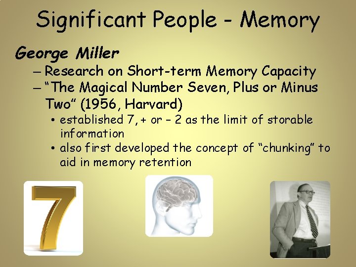 Significant People - Memory George Miller – Research on Short-term Memory Capacity – “The