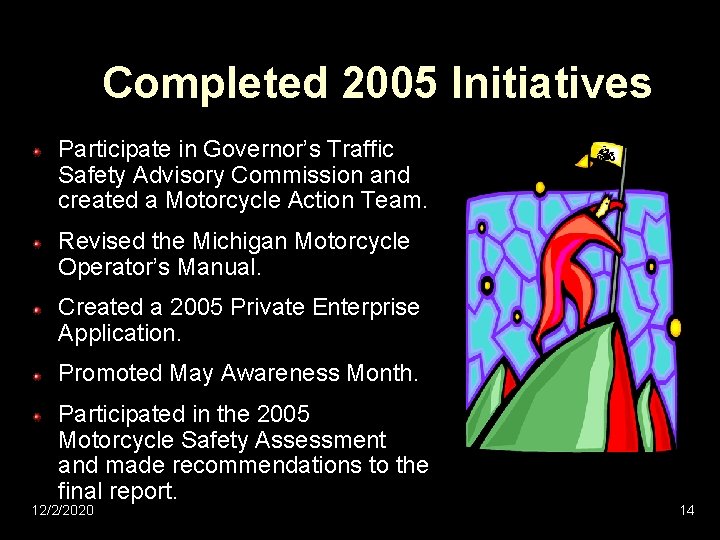 Completed 2005 Initiatives Participate in Governor’s Traffic Safety Advisory Commission and created a Motorcycle