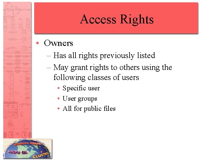 Access Rights • Owners – Has all rights previously listed – May grant rights