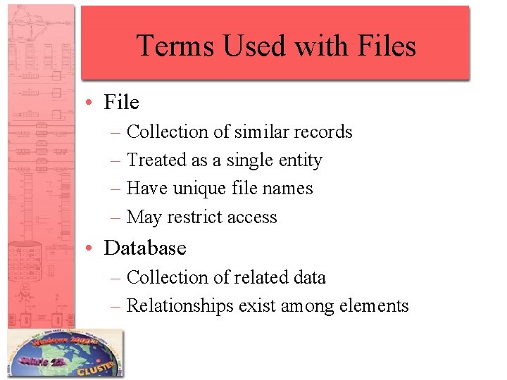 Terms Used with Files • File – Collection of similar records – Treated as