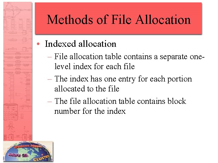 Methods of File Allocation • Indexed allocation – File allocation table contains a separate