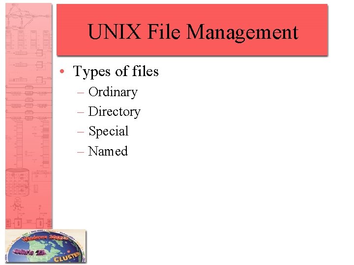 UNIX File Management • Types of files – Ordinary – Directory – Special –