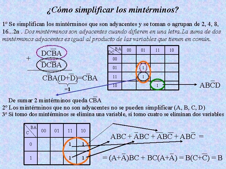 ¿Cómo simplificar los mintérminos? 1º Se simplifican los mintérminos que son adyacentes y se