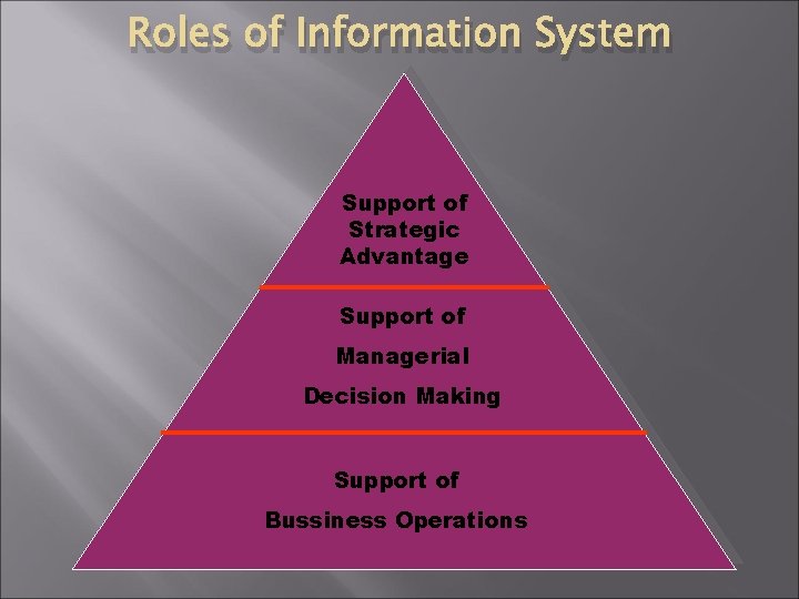 Roles of Information System Support of Strategic Advantage Support of Managerial Decision Making Support