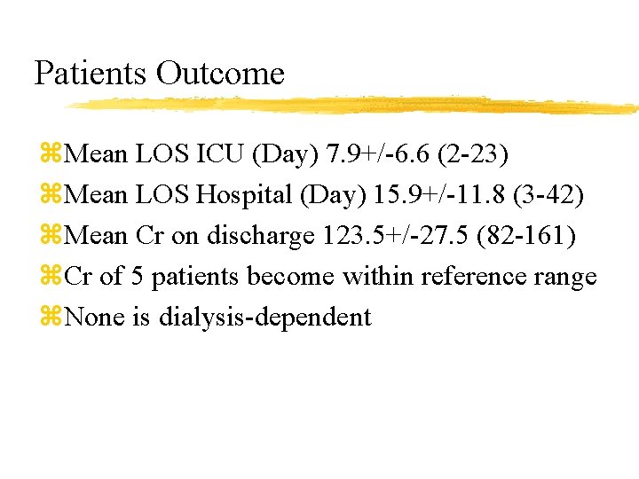 Patients Outcome z. Mean LOS ICU (Day) 7. 9+/-6. 6 (2 -23) z. Mean