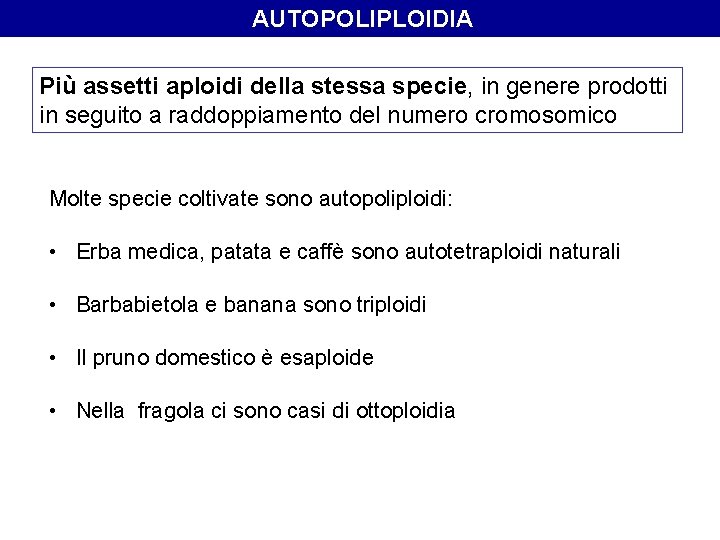 AUTOPOLIPLOIDIA Più assetti aploidi della stessa specie, in genere prodotti in seguito a AUTOPOLIPLOIDIA Più assetti aploidi della stessa specie, in genere prodotti in seguito a