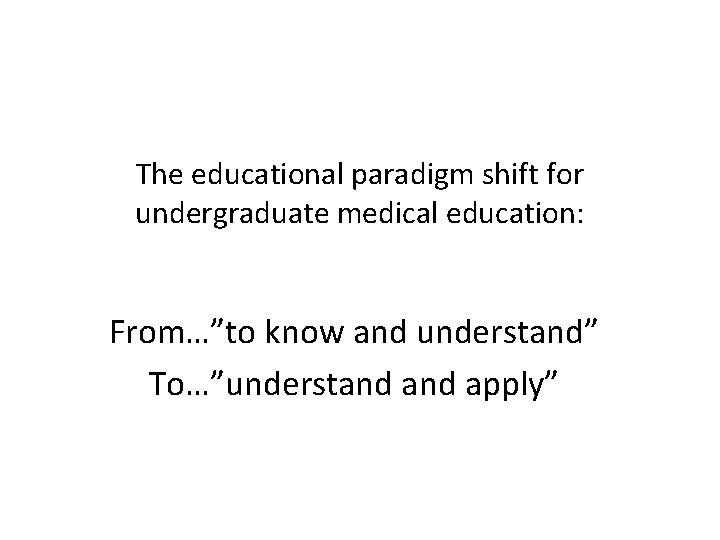 The educational paradigm shift for undergraduate medical education: From…”to know and understand” To…”understand apply”