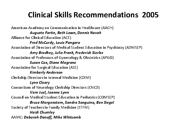 Clinical Skills Recommendations 2005 American Academy on Communication in Healthcare (AACH) Auguste Fortin, Beth