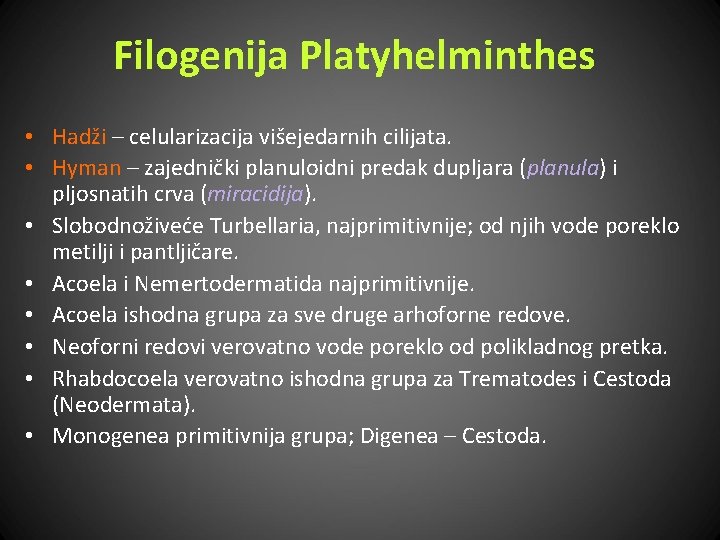 Filogenija Platyhelminthes • Hadži – celularizacija višejedarnih cilijata. • Hyman – zajednički planuloidni predak