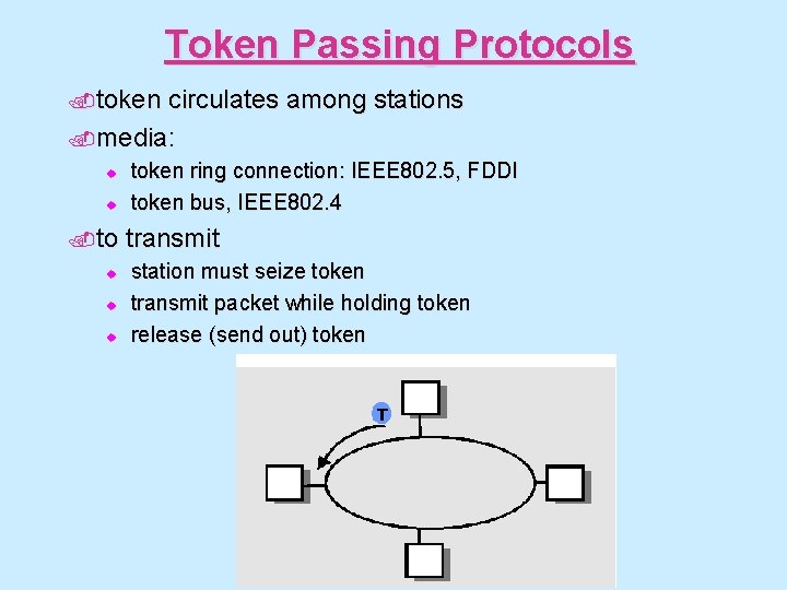 Token Passing Protocols. token circulates among stations. media: u u . to u u