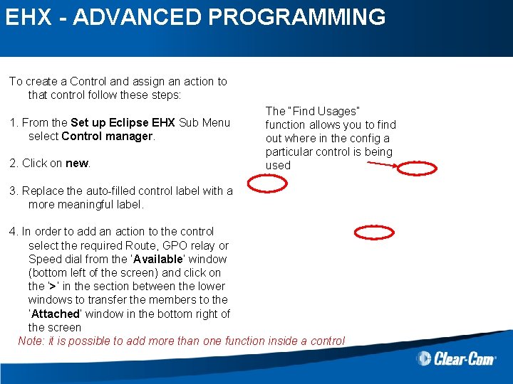 EHX - ADVANCED PROGRAMMING CONTROL MANAGER To create a Control and assign an action