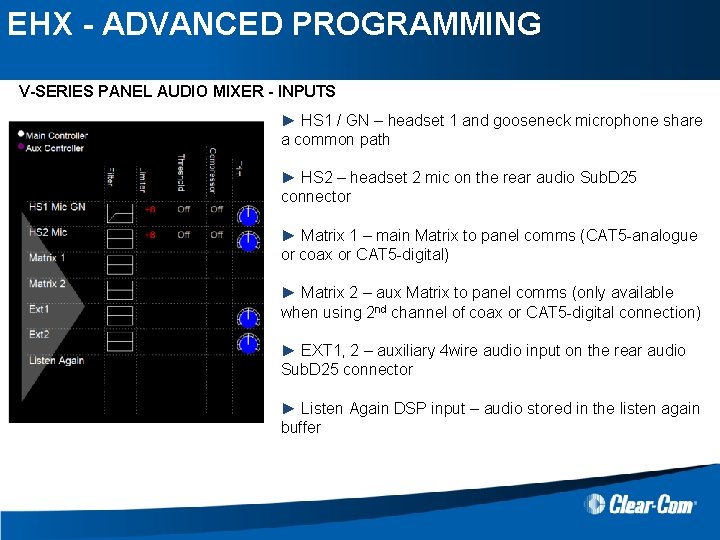 EHX - ADVANCED PROGRAMMING V-SERIES PANEL AUDIO MIXER - INPUTS ► HS 1 /