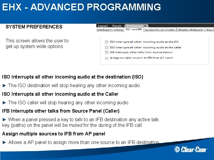 EHX - ADVANCED PROGRAMMING SYSTEM PREFERENCES This screen allows the user to get up