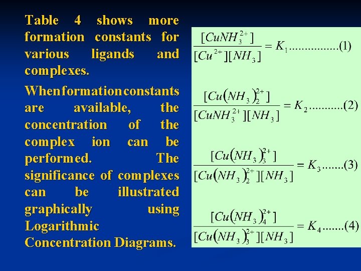 Table 4 shows more formation constants for various ligands and complexes. When formation constants