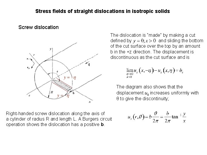 Stress fields of straight dislocations in isotropic solids Screw dislocation The dislocation is “made”