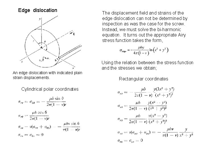 Edge dislocation An edge dislocation with indicated plain strain displacements. Cylindrical polar coordinates The