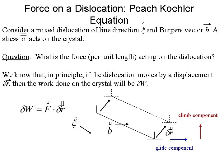 Force on a Dislocation: Peach Koehler Equation Consider a mixed dislocation of line direction