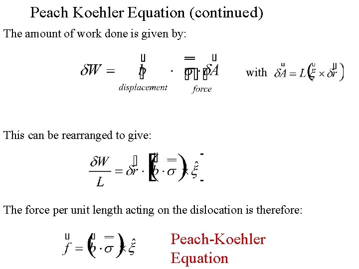 Peach Koehler Equation (continued) The amount of work done is given by: with This