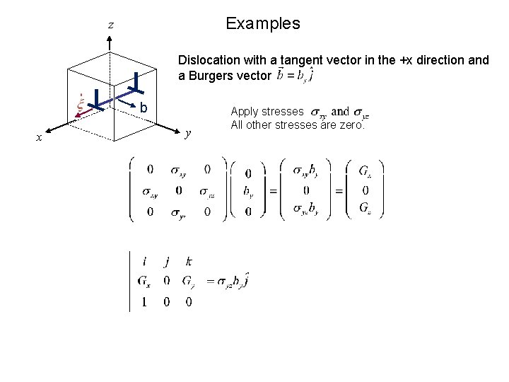 Examples z Dislocation with a tangent vector in the +x direction and a Burgers